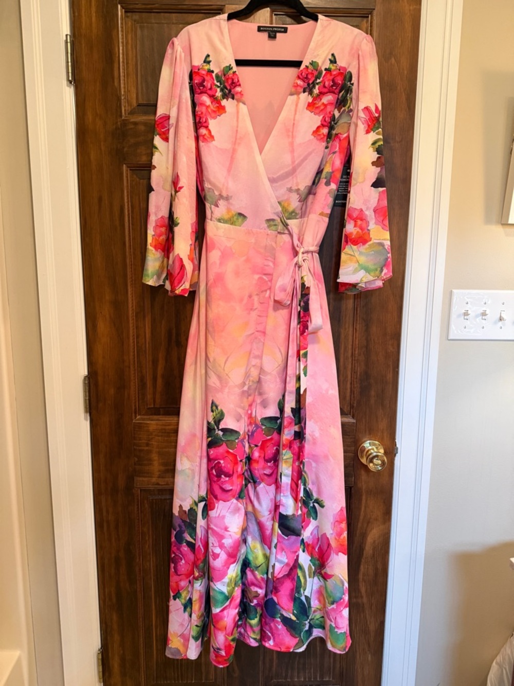 Boston Proper Pink Floral Wrap Midi Dress with Tie Waist
